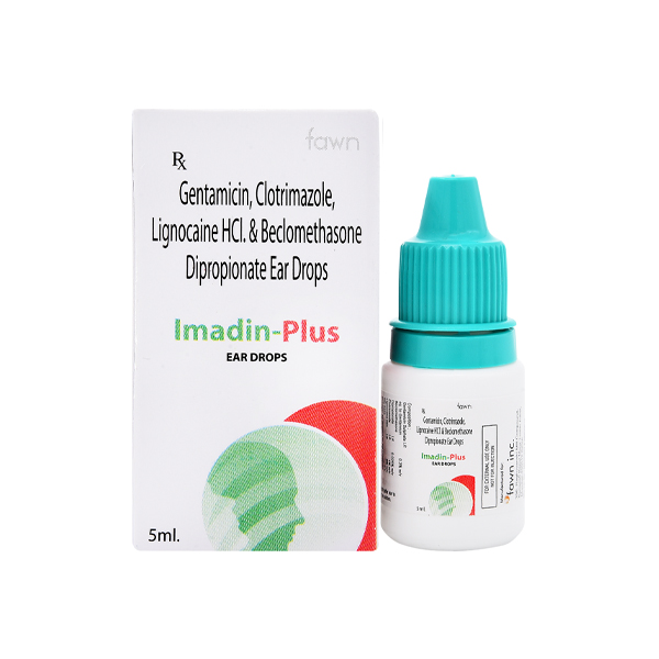 Product Name: IMADIN PLUS, Compositions of IMADIN PLUS are Gentamicin 0.3 % + Clotrimazole 1 % + Lignocaine HCI. 2% w/v + Beclomethasone, Dipropionate 0.025% w/v  - Fawn Incorporation