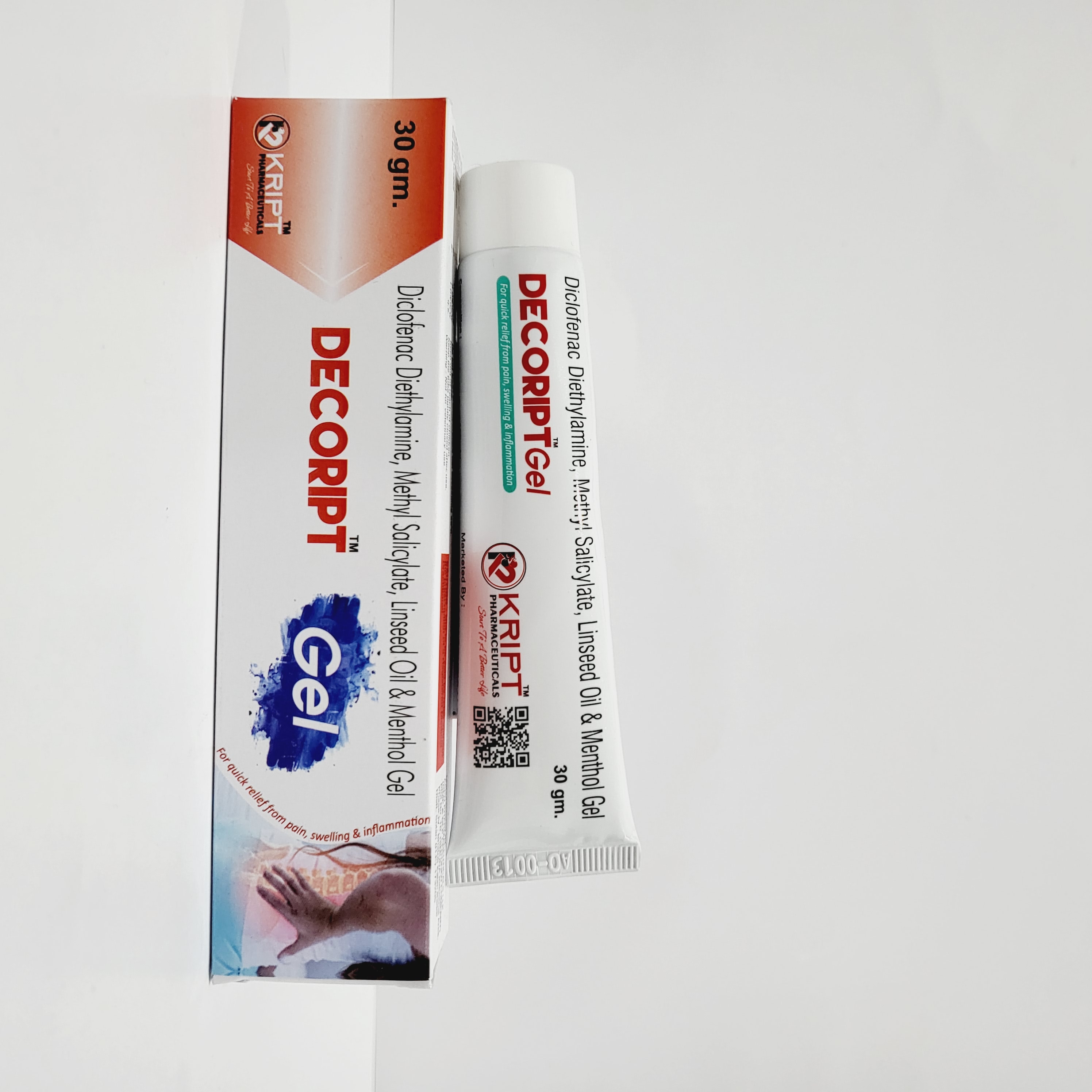 Product Name: DECORIPT Gel, Compositions of DECORIPT Gel are Diclofenac Diethylamine, Methyl Salicylate, Linseed Oil & Menthol Gel - Kript Pharmaceuticals