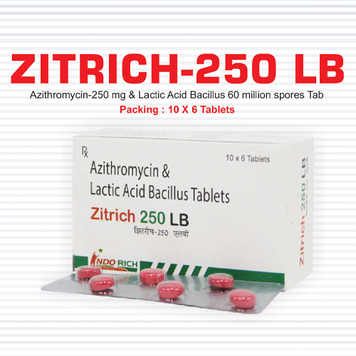 Product Name: Zitrich 250 LB, Compositions of Zitrich 250 LB are Azithromycin & Lactic Acid Bacillus Tablets - Pharma Drugs and Chemicals