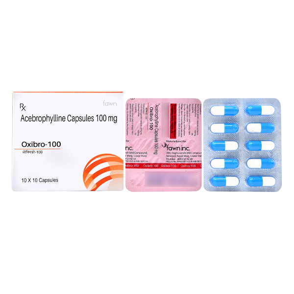 Product Name: OXIBRO 100, Compositions of Acebrophylline 100 mg are Acebrophylline 100 mg - Fawn Incorporation