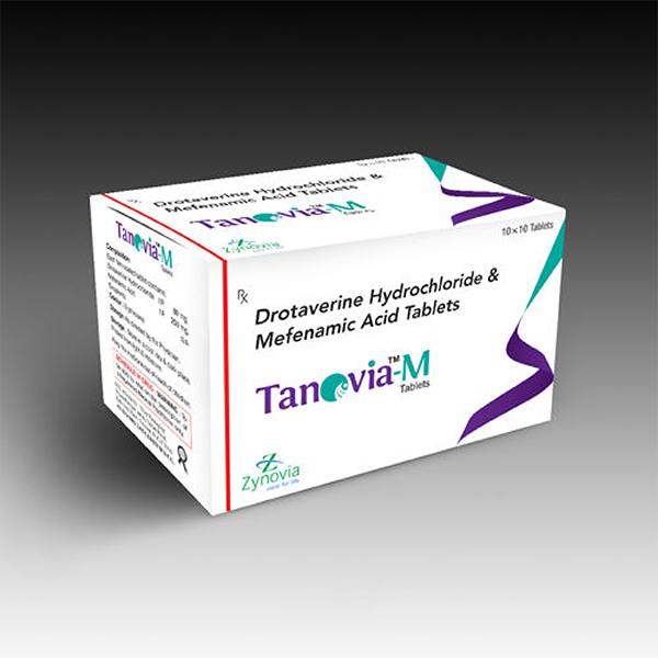Product Name: Tanovia M, Compositions of Tanovia M are Drotaverine Hydrochloride & Mefenamic Acid Tablets - Zynovia Lifecare