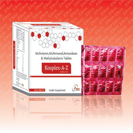 Product Name: Kosplex A Z, Compositions of Kosplex A Z are Multivitamin , Multiminerals, Antioxidants & Methylcobalamin Tablets - Elkos Healthcare Pvt. Ltd