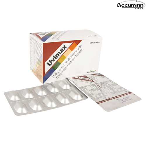 Product Name: Uvimax, Compositions of Uvimax are Multivitamin, Multiminerals with Grape Seed Extract Tablets - Accuminn Labs