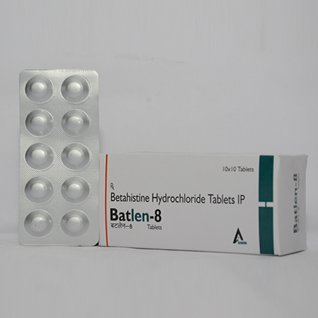 Product Name: BATLEN 8, Compositions of BATLEN 8 are Betahistine Dihydrochloride Tablets IP - Alencure Biotech Pvt Ltd