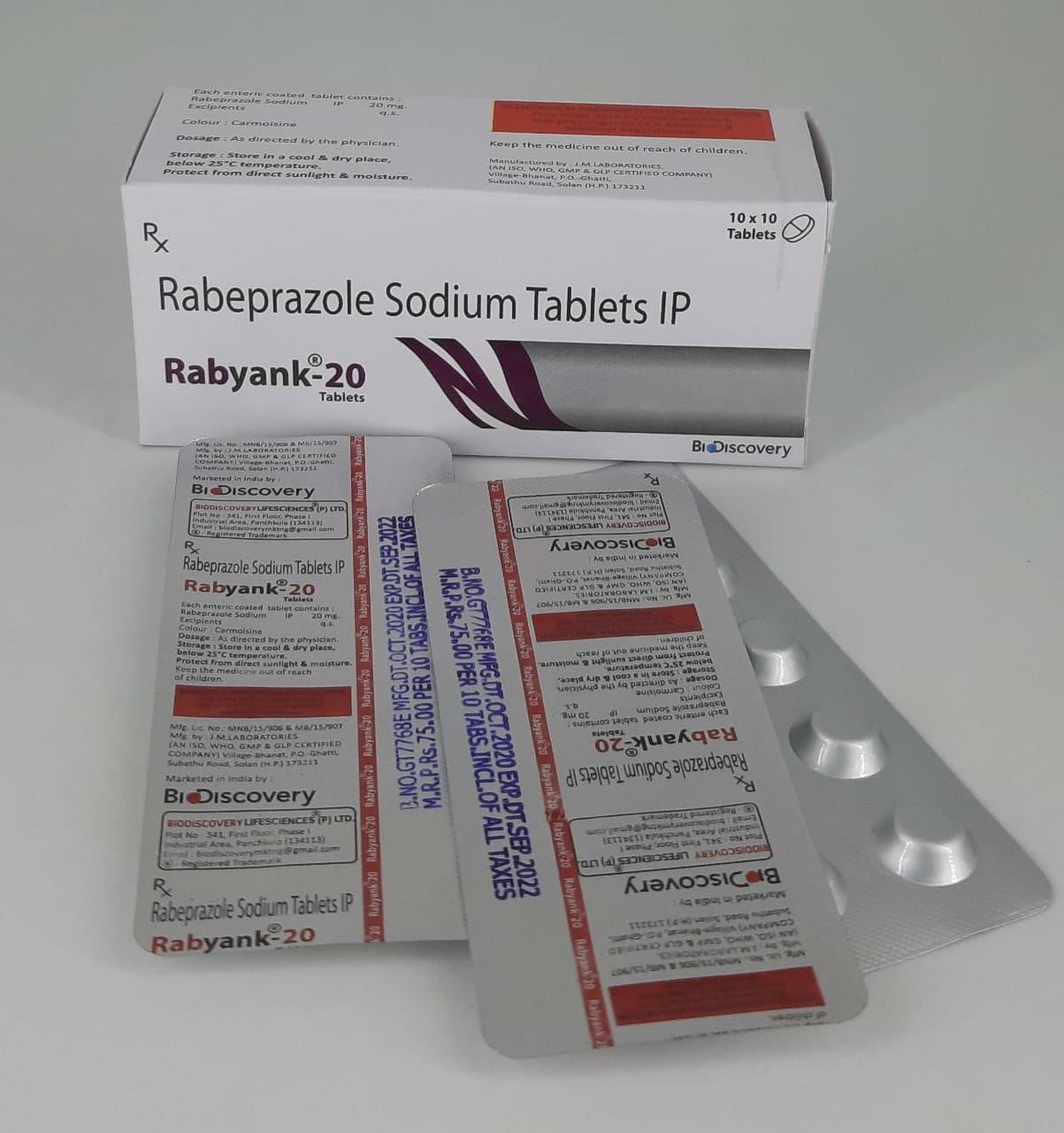 Product Name: Rabyank 20, Compositions of Rabyank 20 are Rabeprazole Sodium Tablets IP - Biodiscovery Lifesciences Pvt Ltd
