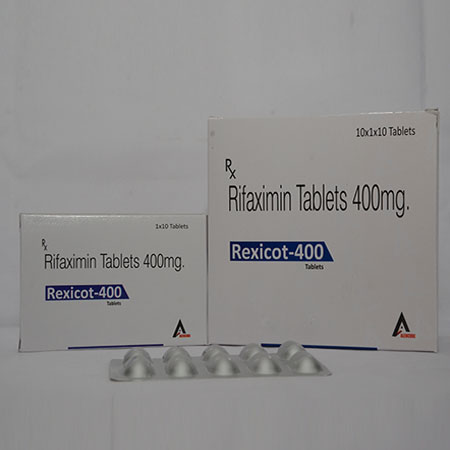 Product Name: REXICOT 400, Compositions of REXICOT 400 are Rifaximin Tablets 400mg - Alencure Biotech Pvt Ltd