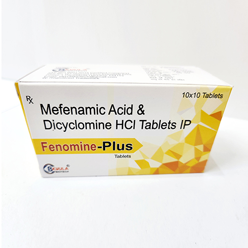 Product Name: Fenomine Plus, Compositions of Fenomine Plus are Mefenamic Acid & Dicyclomine HCI Tablets IP - Bkyula Biotech
