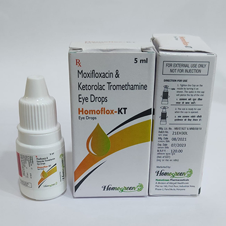 Product Name: Homoflox Kt, Compositions of Homoflox Kt are Moxifloxacin & Ketorolac Tromethamine Eye Drops - Abigail Healthcare