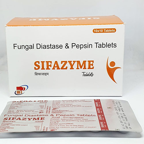 Product Name: Sifazyme, Compositions of Sifazyme are Fungal Diastase & Pepsin Tablets - Pride Pharma