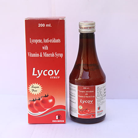 Product Name: Lycov, Compositions of Lycov are Lycopene, Anti Oxidants with Vitamins & Minerals Syrup - Eviza Biotech Pvt. Ltd