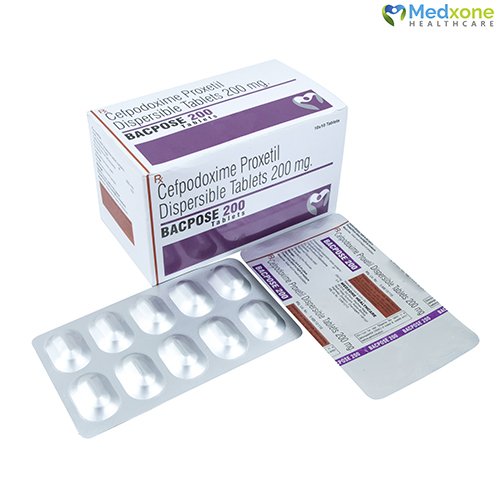 Product Name: BACPOSE 200, Compositions of BACPOSE 200 are Cefpodoxime Proxetil Dispersable Tablets - Medxone Healthcare
