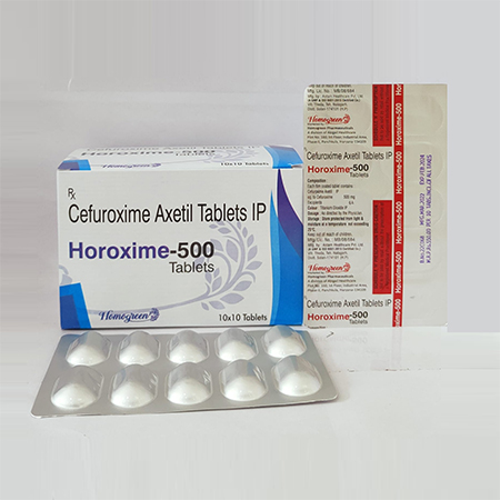 Product Name: Horoxime 500, Compositions of Horoxime 500 are Cefuroxime Axetil Tablets IP - Abigail Healthcare