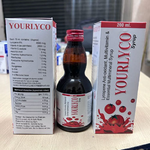 Product Name: YOURLYCO, Compositions of YOURLYCO are Lycopene Anti Oxidant multivitamin & Essential Multimineral Syrup - Medicure LifeSciences