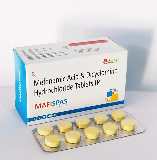 Product Name: Mafispas, Compositions of Mafispas are Mefenamic Acid & Dicyclomine Hydrochloride Tablets IP - Aidway Biotech