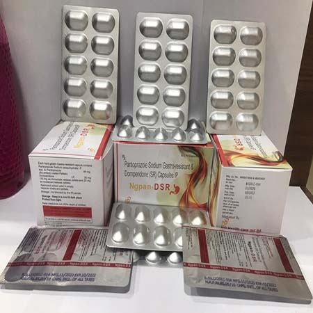 Product Name: NGPAN DSR, Compositions of NGPAN DSR are Pantoprazole Sodium Gastro resistent Domperidone (SR) Capsules - NG Healthcare Pvt Ltd