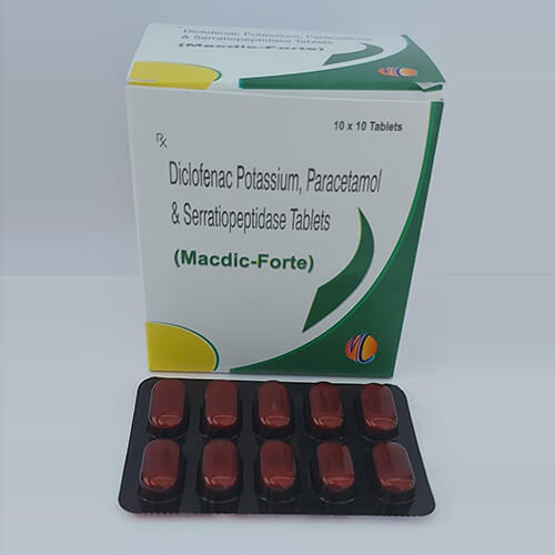 Product Name: Macdic Forte, Compositions of Macdic Forte are Diclofenac Potassium Paracetamol & Serratiopeptiside Tablets - Macro Labs Pvt Ltd