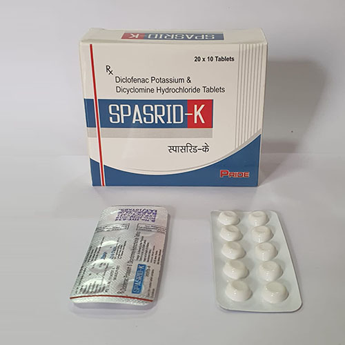 Product Name: Spasrid K, Compositions of Spasrid K are Diclofenac Potassium & Dicyclomine Hydrochloride Tablets - Pride Pharma