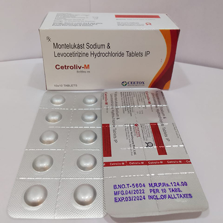 Product Name: Cetroliv M, Compositions of Cetroliv M are Montelukast Sodium & Levocetirizine Hydrochloride Tablets IP - Ceetox HealthCare Private Limited