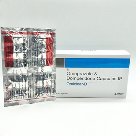 Product Name: OMICLEAR D, Compositions of OMICLEAR D are Omeprazole & Domperidone Capsules IP - Amzor Healthcare Pvt. Ltd