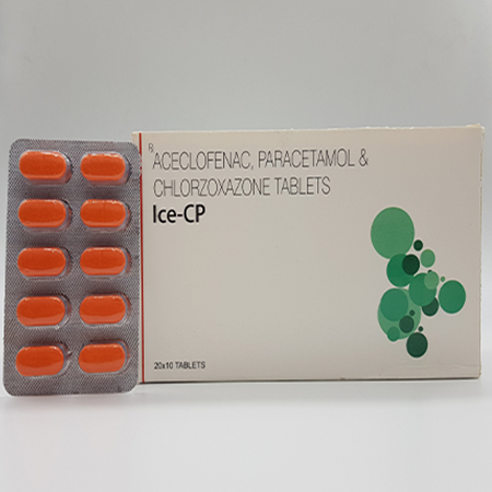 Product Name: Ice CP, Compositions of Ice CP are Aceclofenac, Paracetamol and Chlorzoxazone Tablets  - Acinom Healthcare