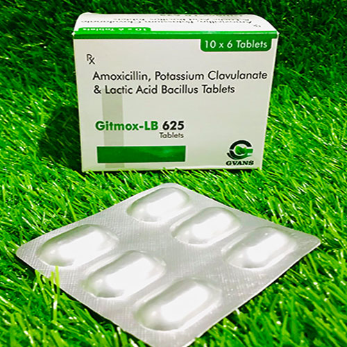 Product Name: Gitmox LB 625, Compositions of Gitmox LB 625 are Amoxicillin, potassium clavulanate & Lactic Acid Bacillus - Gvans Biotech Pvt. Ltd