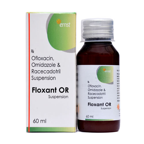 Product Name: Floxant OR, Compositions of Floxant OR are Ofloxacin 50 mg+ Ornidazole 125 mg + Racecadotril 50 mg Suspension  - Ernst Pharmacia