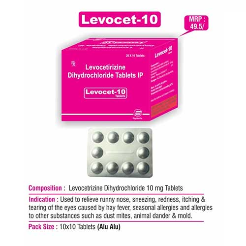 Product Name: Levocet 10, Compositions of Levocet 10 are Levocetrizine Dihydrochloride Tablets IP - Euphoria India Pharmaceuticals