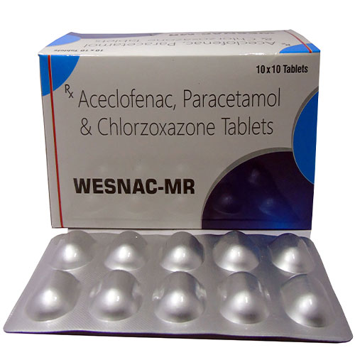 Product Name: WESNAC MR, Compositions of WESNAC MR are Aceclofenac 100mg +  Paracetamol 325mg + Chlorzoxazone 250mg - Edelweiss Lifecare