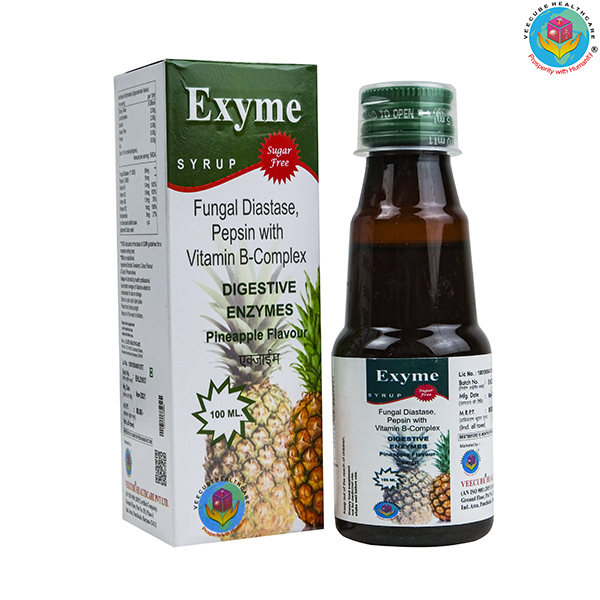 Product Name: EXYME, Compositions of EXYME are Fungal Diasate Pepsin with Vitamin B-Complex - Veecube Healthcare Private Limited