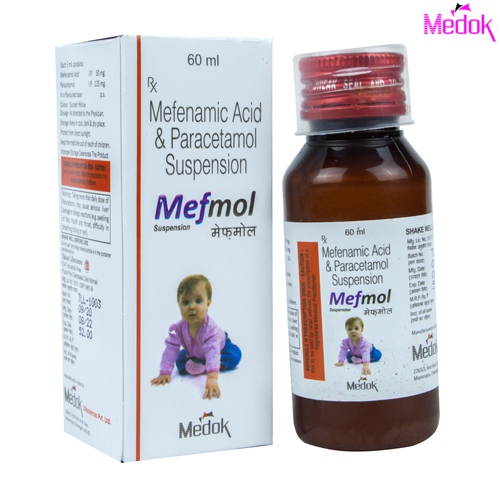 Product Name: Mefmol , Compositions of Mefmol  are Mefenamic acid & paracetamol suspension - Medok Life Sciences Pvt. Ltd