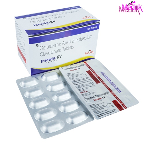 Product Name: Inrowin  CV, Compositions of Inrowin  CV are Cefuroxime Axetil 500 mg, Calvulanate 125 mg (Alu-Alu) - Medok Life Sciences Pvt. Ltd