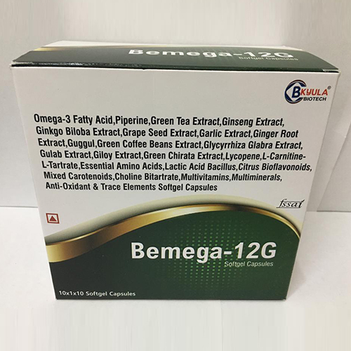 Product Name: Bemega 12G, Compositions of Bemega 12G are Omega-3 Fatty Acid, Piperine, Green Tea Extract, Ginseng Extract, Ginkgo Biloba Extract, Grape Seed Extract, Garlic Extract, Ginger Root Extract, Guggul,Green Coffee Beans Extract, Glycyrrhiza Glabra Extract, Gulab Extract, G - Bkyula Biotech