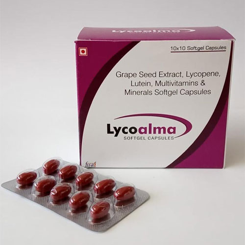 Product Name: Lycoalma, Compositions of Lycoalma are Grape seed extract Lycopene Lutrin, Multivitamins & Minerals - Almatica Pharmaceuticals Private Limited