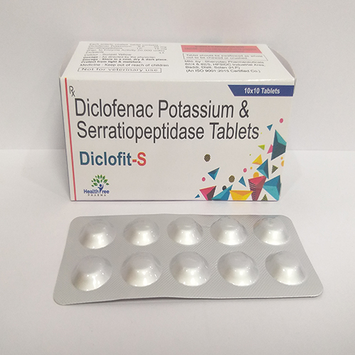 Product Name: Diclofit S, Compositions of Diclofit S are Diclofenac Potassium & Serratiopepetidase Tablets - Healthtree Pharma (India) Private Limited