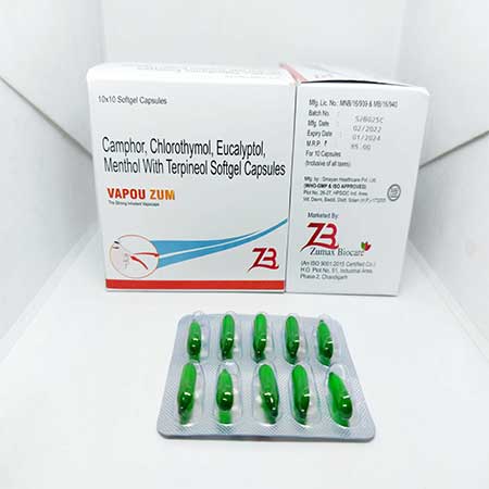 Product Name: Vapou Zum, Compositions of Camphor,Chlorothumol,Eucalyptol Menthol With Softgel Capsules are Camphor,Chlorothumol,Eucalyptol Menthol With Softgel Capsules - Zumax Biocare