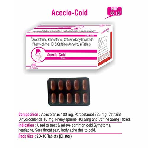 Product Name: Aceclo Cold, Compositions of Aceclo Cold are Aceclofenac, Paracetam,ol, Cetrizine Dihydrochloride, Phenylphrine HCL & Caffeine Tablets - Euphoria India Pharmaceuticals