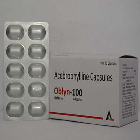 Product Name: OBLYN 100, Compositions of OBLYN 100 are Acebrophylline Capsules - Alencure Biotech Pvt Ltd