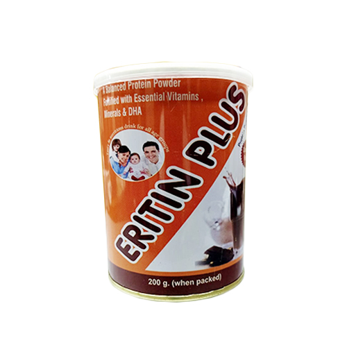Product Name: Eritin Plus, Compositions of Eritin Plus are PROTIN POWDER WITH MECOBALAMIN CALCIUM WITH DHA (CHOCLATE FLAVOUR) - Erika Remedies