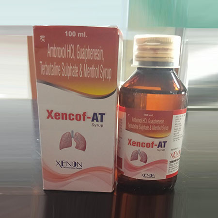 Product Name: Xencof At, Compositions of Xencof At are Ambroxal Hydrochloride GuaiPhenesin Tarbutaline sulphate  & Methol Syrup - Xenon Pharma Pvt. Ltd