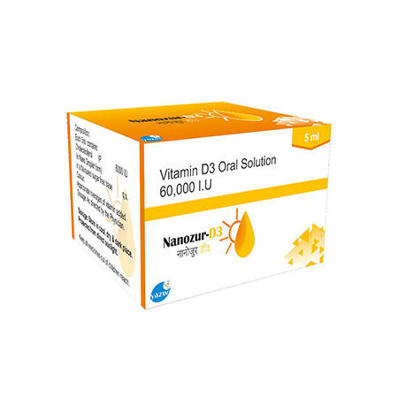 Product Name: Nanozur D3, Compositions of Nanozur D3 are Vitamin D3 Oral Solution 6000 IU - Yazur Life Sciences