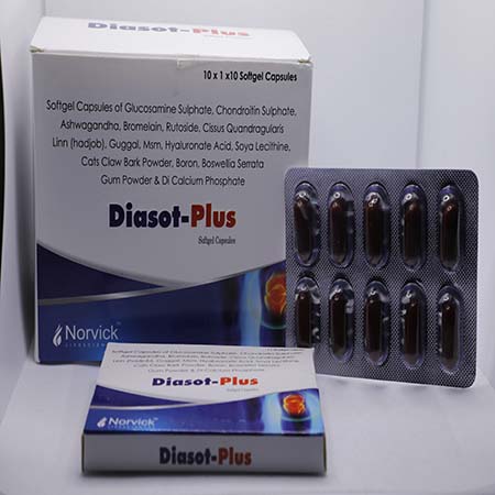 Product Name: Diasot Plus, Compositions of Diasot Plus are Glucosamine sulphate, chandrotin sulphate, ashwagandha, multivitamins and mulimineral softgel capsules - Norvick Lifesciences