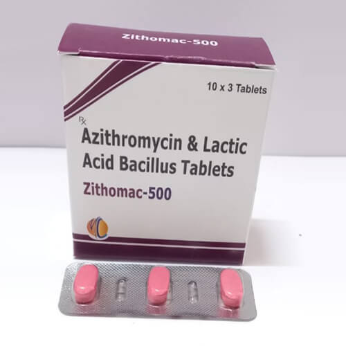 Product Name: Zithomac 500, Compositions of Zithomac 500 are Azithromycin & Lactic Acid Bacillus Tablets - Macro Labs Pvt Ltd