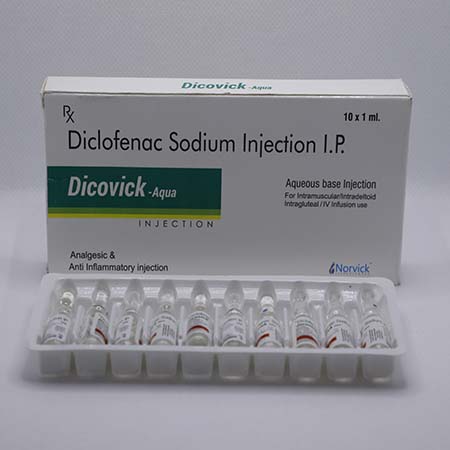 Product Name: Dicovick Aqua, Compositions of Dicovick Aqua are Diclofenac Sodium Injection IP - Norvick Lifesciences