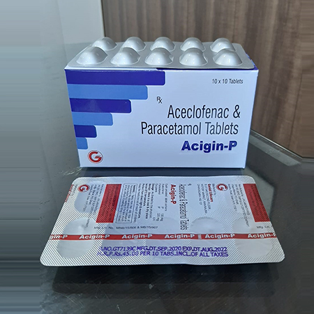 Product Name: Acigin p, Compositions of Acigin p are Aceclofenac & Paracetamol Tablets - Genial Lifecare