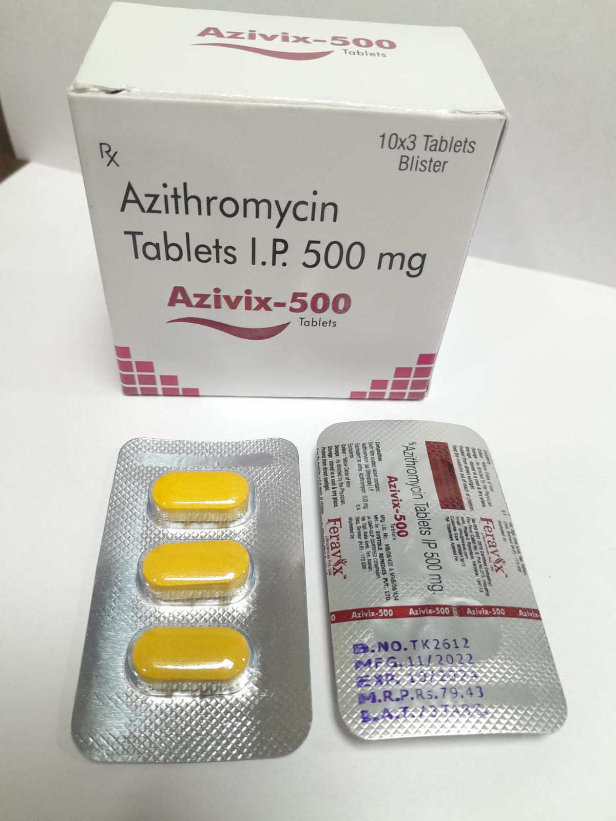 Product Name: AZIVIX 500MG Tablets, Compositions of AZIVIX 500MG Tablets are AZITHROMYCIN 500MG - Feravix Lifesciences
