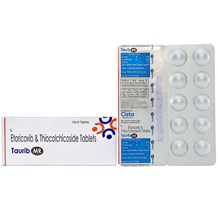 Product Name: Taurib MR, Compositions of Taurib MR are Etoricoxib 60mg + Thiocolchicoside 4mg - Cista Medicorp