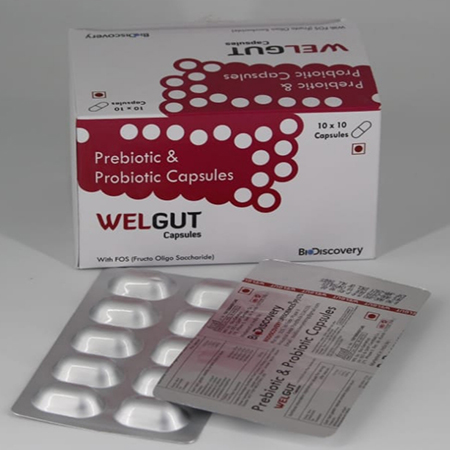 Product Name: Welgut, Compositions of Welgut are Prebiotic & Probiotic Capsules - Biodiscovery Lifesciences Pvt Ltd