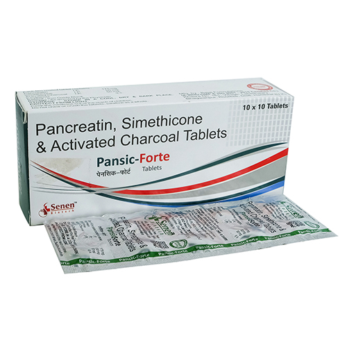 Product Name: Pansic Forte, Compositions of Pansic Forte are Pancreatin, Simethicone & Activated Charcoal Tablets - Senen Biotech