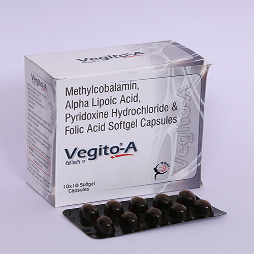 Product Name: VEGITO A, Compositions of VEGITO A are Methylcobalamin, Alpha Lipoic Acid, Pyridoxine Hydrochloride & Folic Acid Softgel Capsules - Biomax Biotechnics Pvt. Ltd