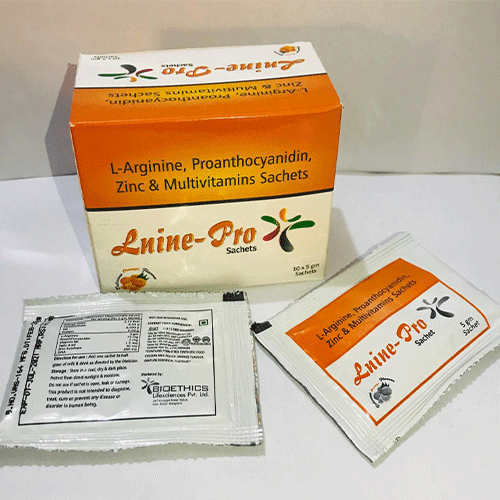 Product Name:  Lnine Pro Sachet, Compositions of arginine 3gm  Proanthocyanidini 75 mg  DHA 200  mg vit sachet are arginine 3gm  Proanthocyanidini 75 mg  DHA 200  mg vit sachet - Bioethics Life Sciences Pvt. Ltd